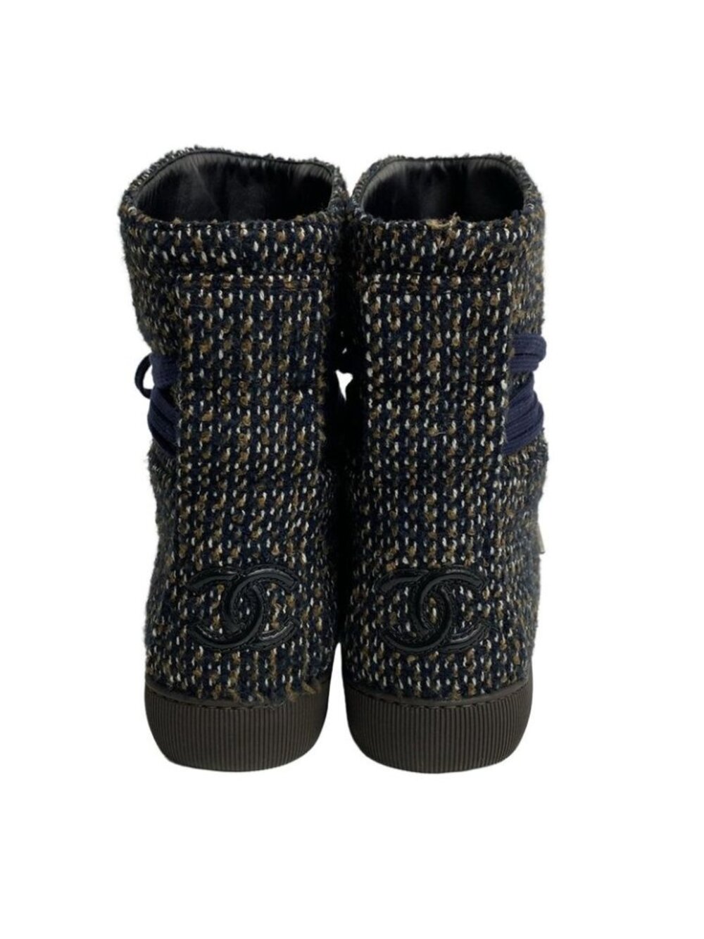 Chanel Sneakers 36.5 Dark Navy Dark Brown White Tweed High Cut Cotton - Picture 3 of 9